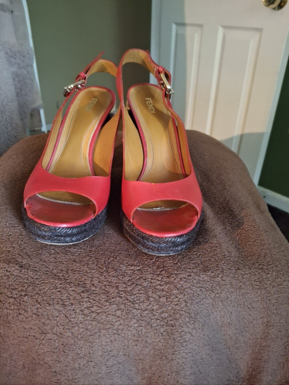 Fendi Red Open-Toe Slingback Wedge Sandals